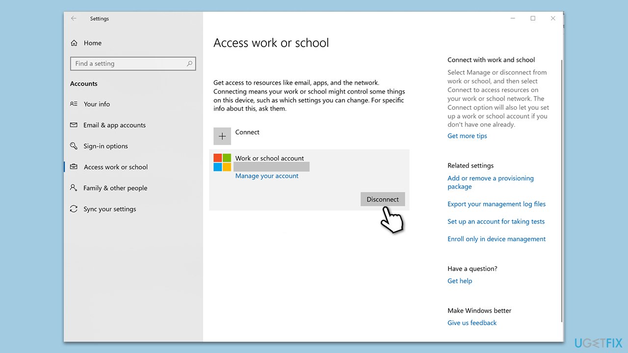 Re-connect Work or school account