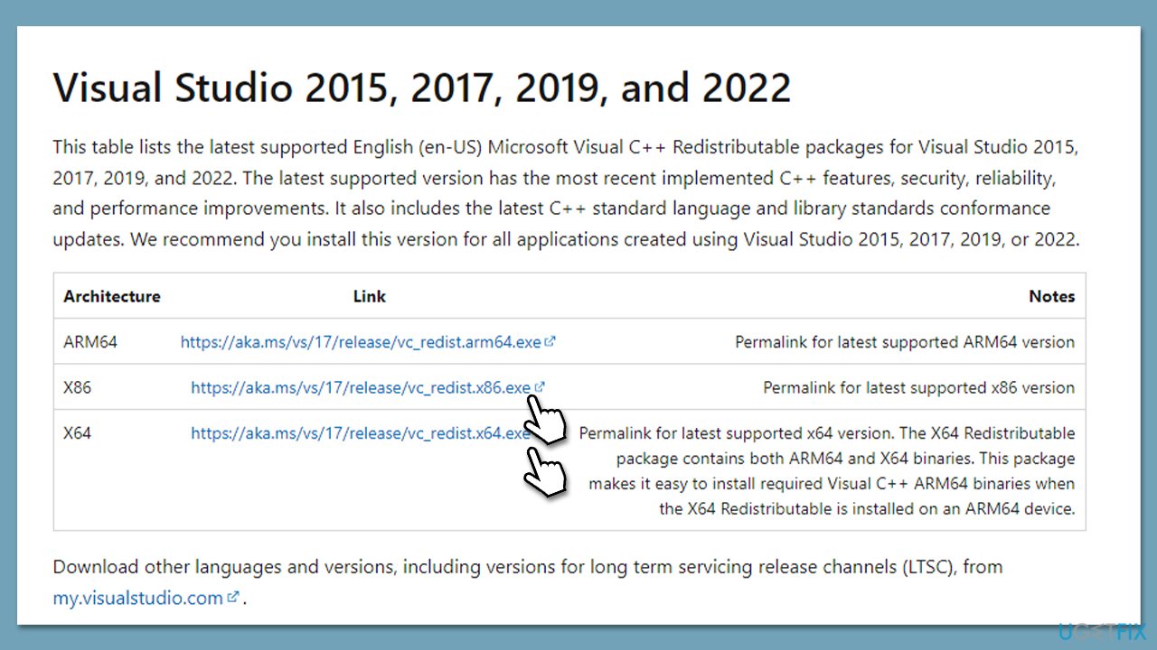 Install Visual C++ versions