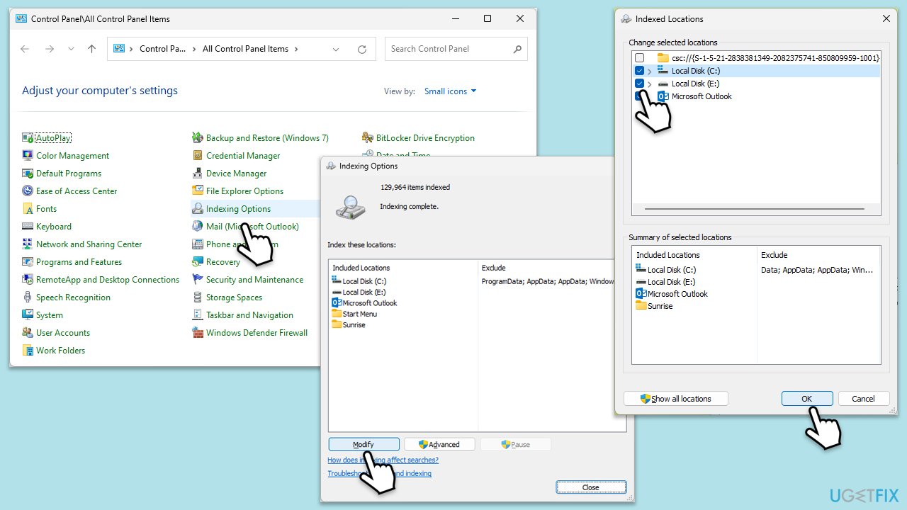 How to fix no web results when using windows rebuild index copy