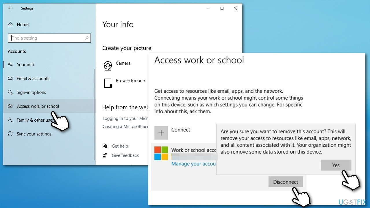 Disconnect Microsoft account via School or Work section