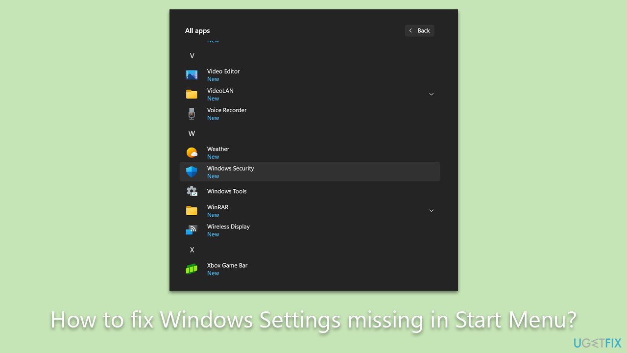 How to fix Windows Settings missing in Start Menu?