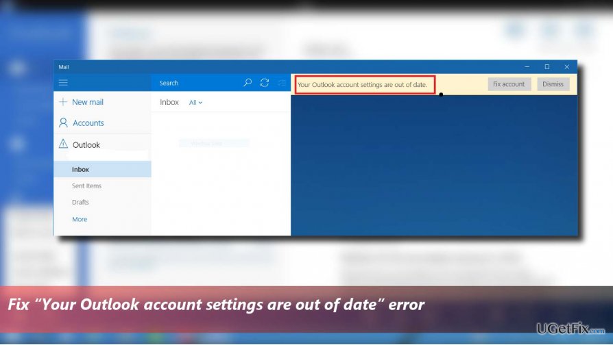  “Your Outlook account settings are out of date” error printscreen