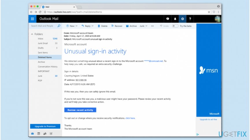 "Microsoft account unusual sign-in activity” example
