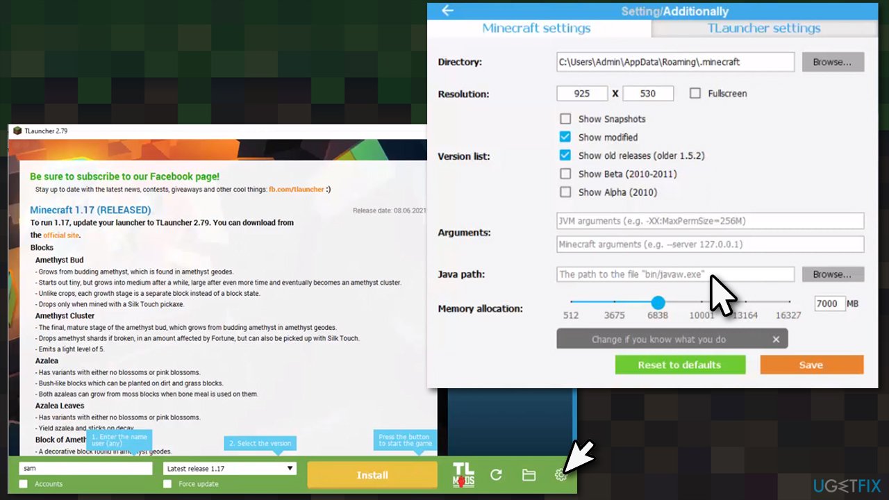 Specify Java path in the Minecraft launcher