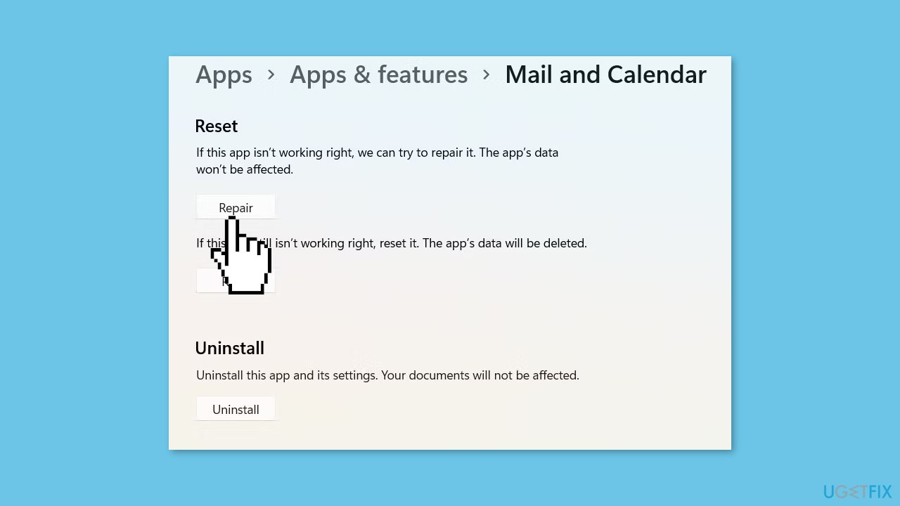 Repair the Mail and Calendar App