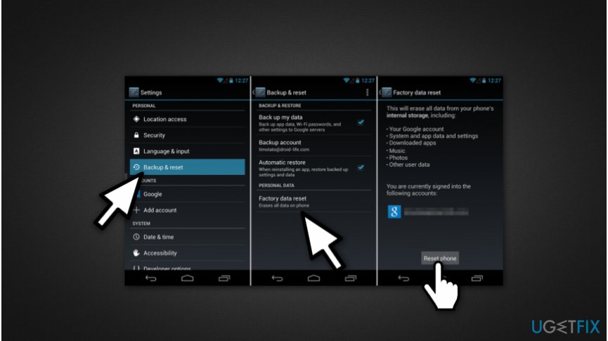 Instructions showing how to reset android to factory state