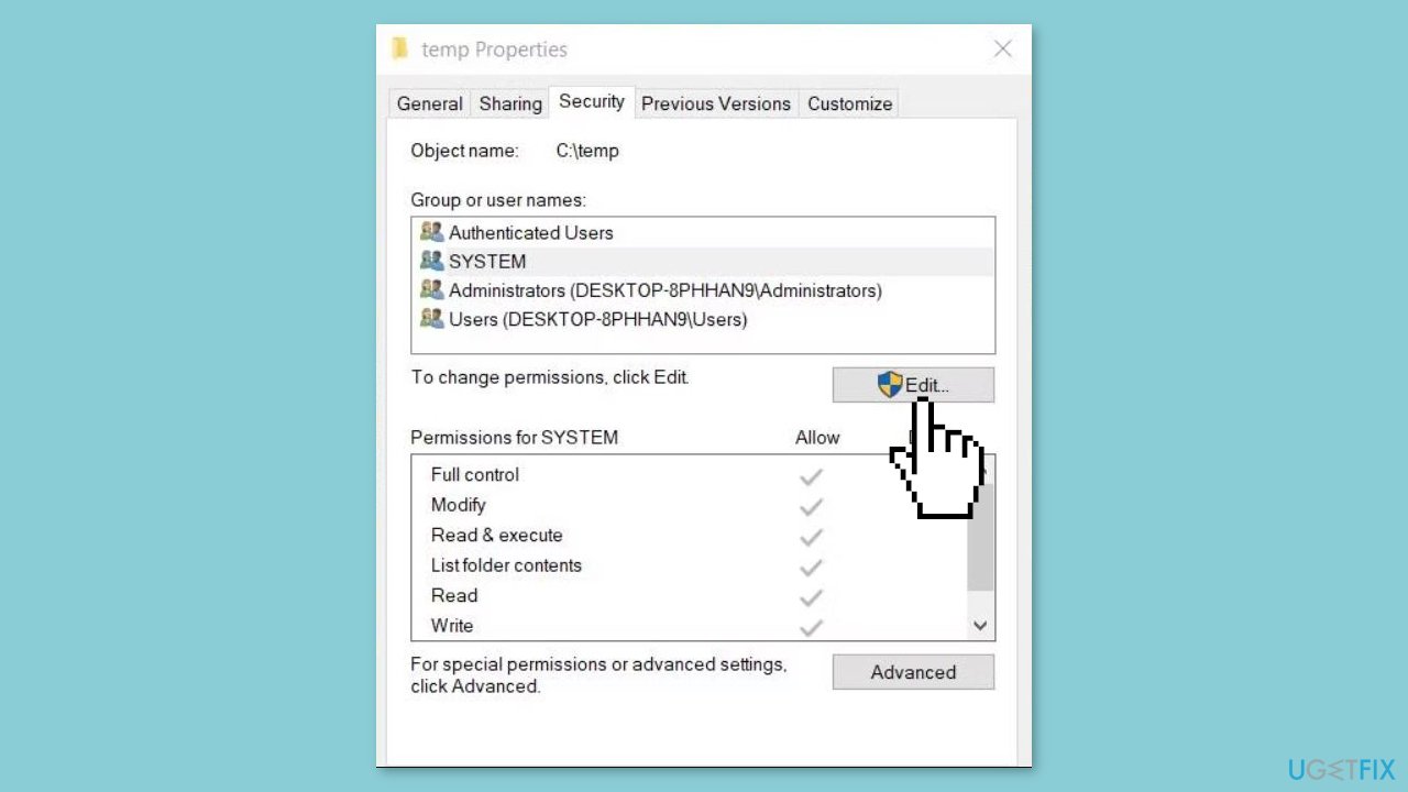 Set Full Control Permissions for the Temp Folder