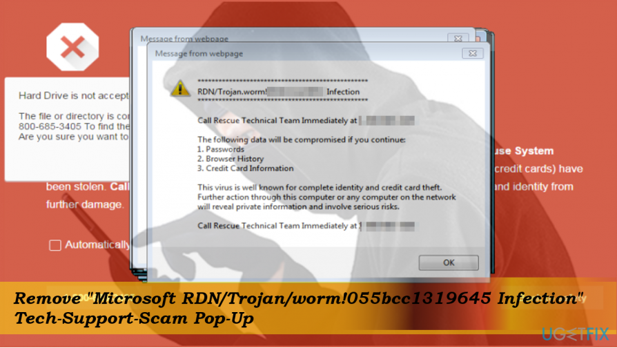 printscreen of the "Microsoft RDN/Trojan/worm!055bcc1319645” scam