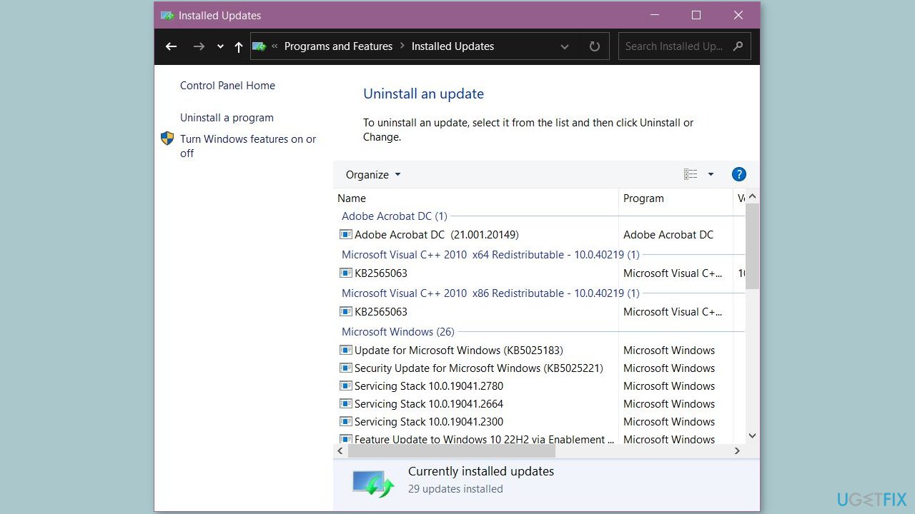Uninstall the last Windows Update
