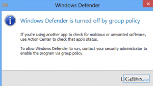 Windows defender is turned off by group policy pop up