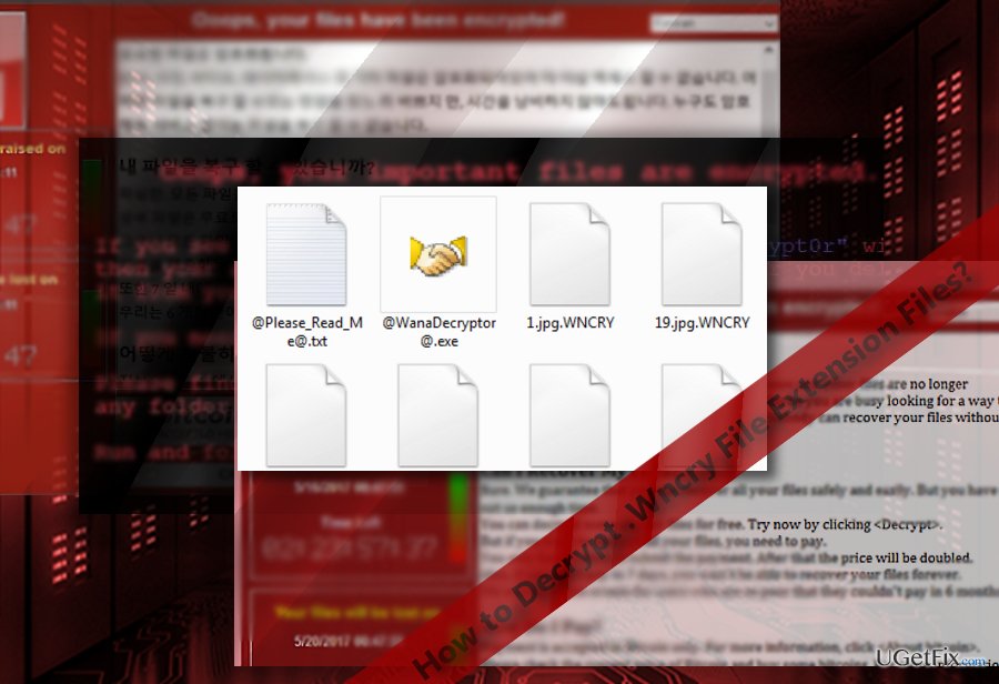 The image illustrating WNCRY ransom notes and encrypted files